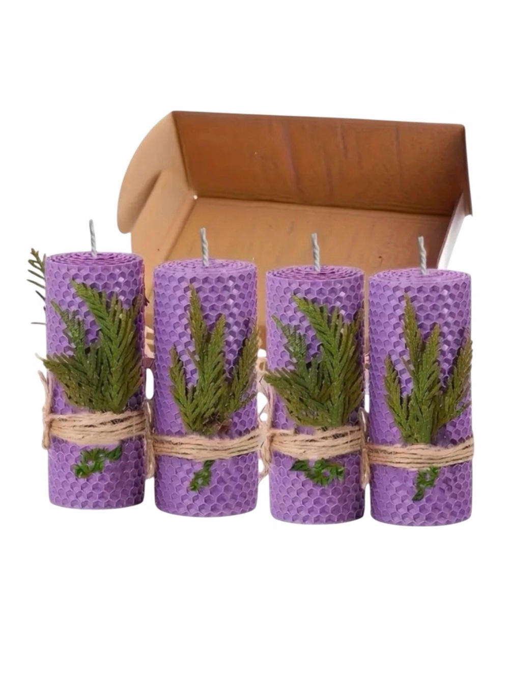 Beeswax Candles Set of Four Light Purple Honeycomb Textured Pillar Candles NEW